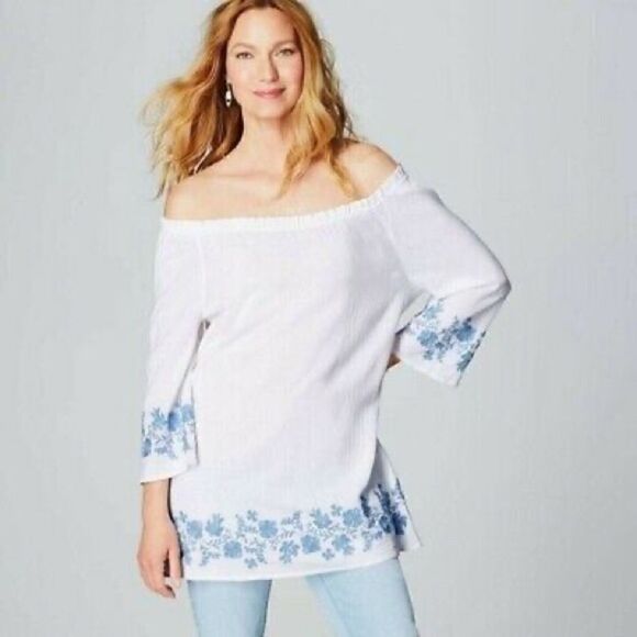 J. Jill Tops - J. Jill White w/ Blue Floral Embroidery Crinkle Boho Tunic
